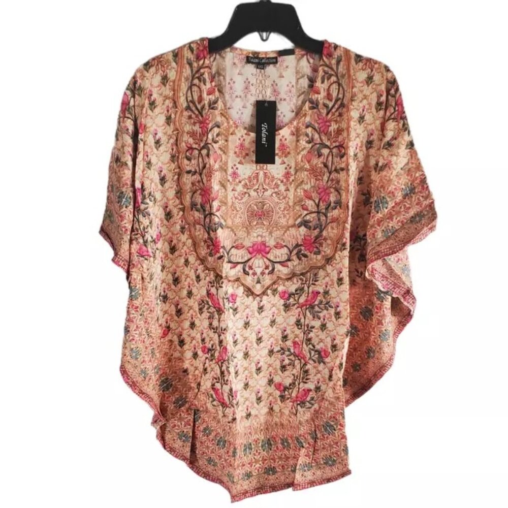 Tolani Collection Petite Printed Woven Caftan Tunic Beige Floral- Petite X-Small